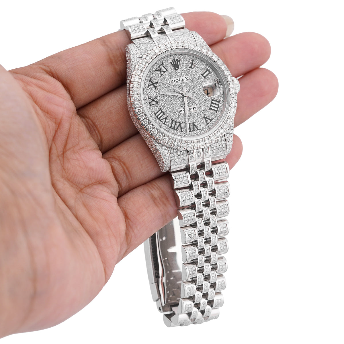 36MM Rolex All White Bussdown Roman Dial Diamond Bezel Jubilee Band ICED OUT Watch