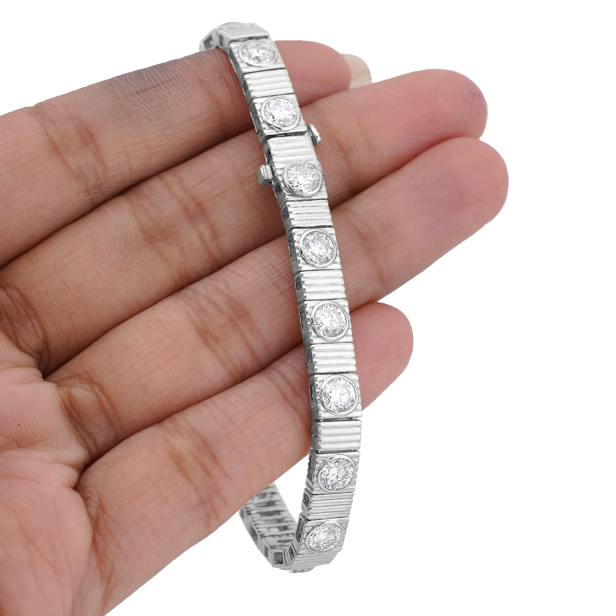 6.5MM 14k White Gold Fluted Gold Solitare Lab Diamond 7CTW Men Women 7" Tennis Bracelet 15.4gm