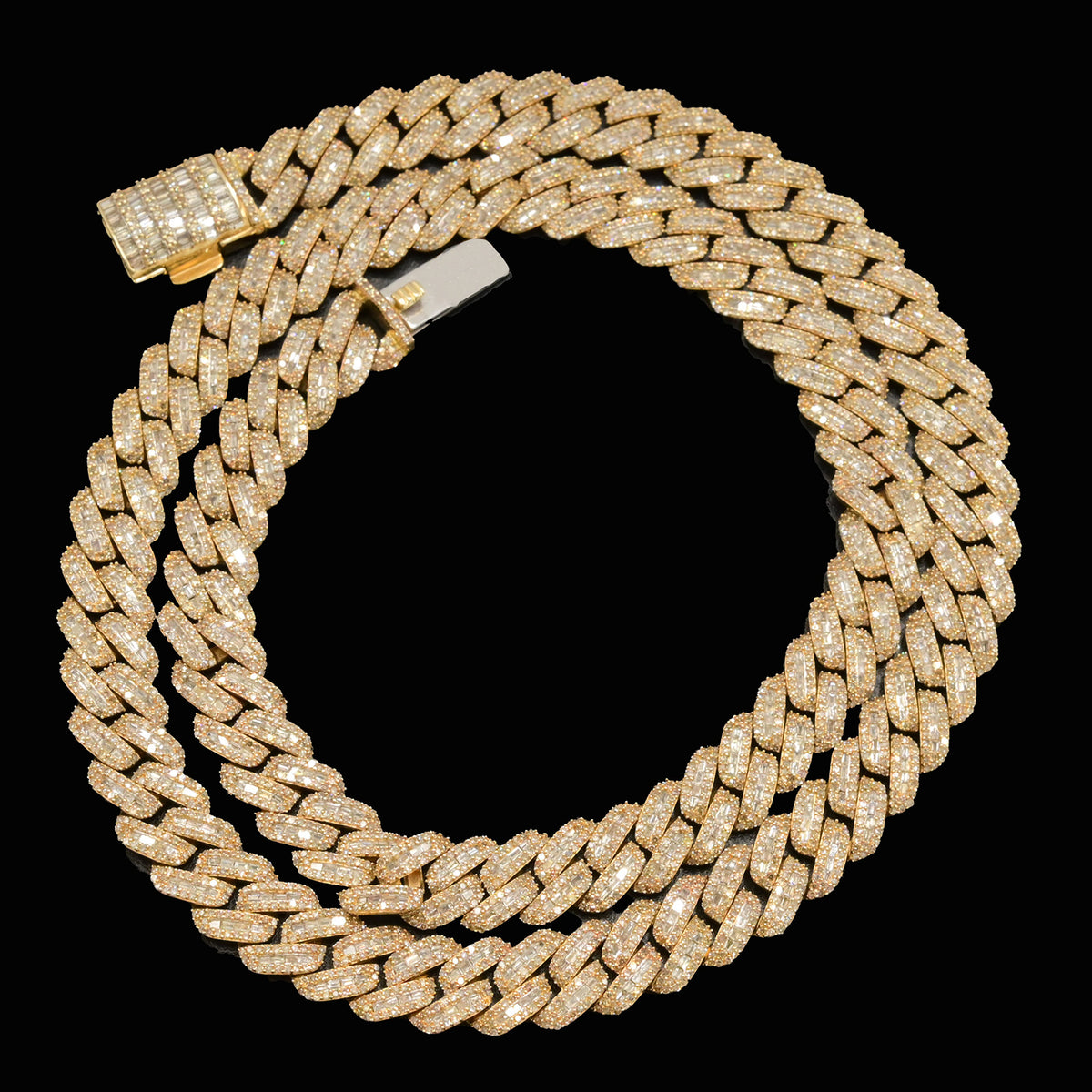 10MM 10k Yellow Gold 19CTW Natural Baguette Diamond 53.7g 21In Cuban Link Chain