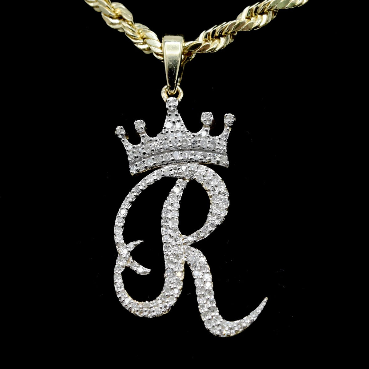 10k Yellow Gold Initial R Crown Pendant 0.18CT Pure Diamond 1.56g Alphabet Charm