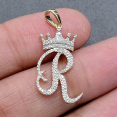 10k Yellow Gold Initial R Crown Pendant 0.18CT Pure Diamond 1.56g Alphabet Charm
