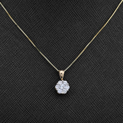 10k Yellow Gold 0.75CT Natural Diamond Flower Cluster Pendant Box Chain Set 2.4g