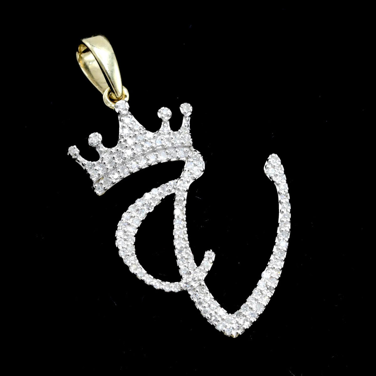 10k Yellow Gold Initial V Crown Pendant 0.15CT Pure Diamond 1.31g Alphabet Charm