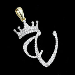 10k Yellow Gold Initial V Crown Pendant 0.15CT Pure Diamond 1.31g Alphabet Charm