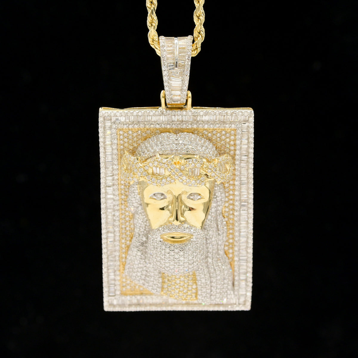 10k Yellow Gold 4.5CTW Round & Baguette Diamond Jesus Head on Frame Pendant 23gm
