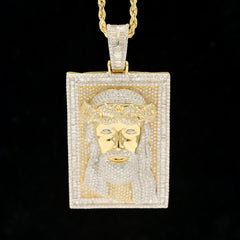 10k Yellow Gold 4.5CTW Round & Baguette Diamond Jesus Head on Frame Pendant 23gm