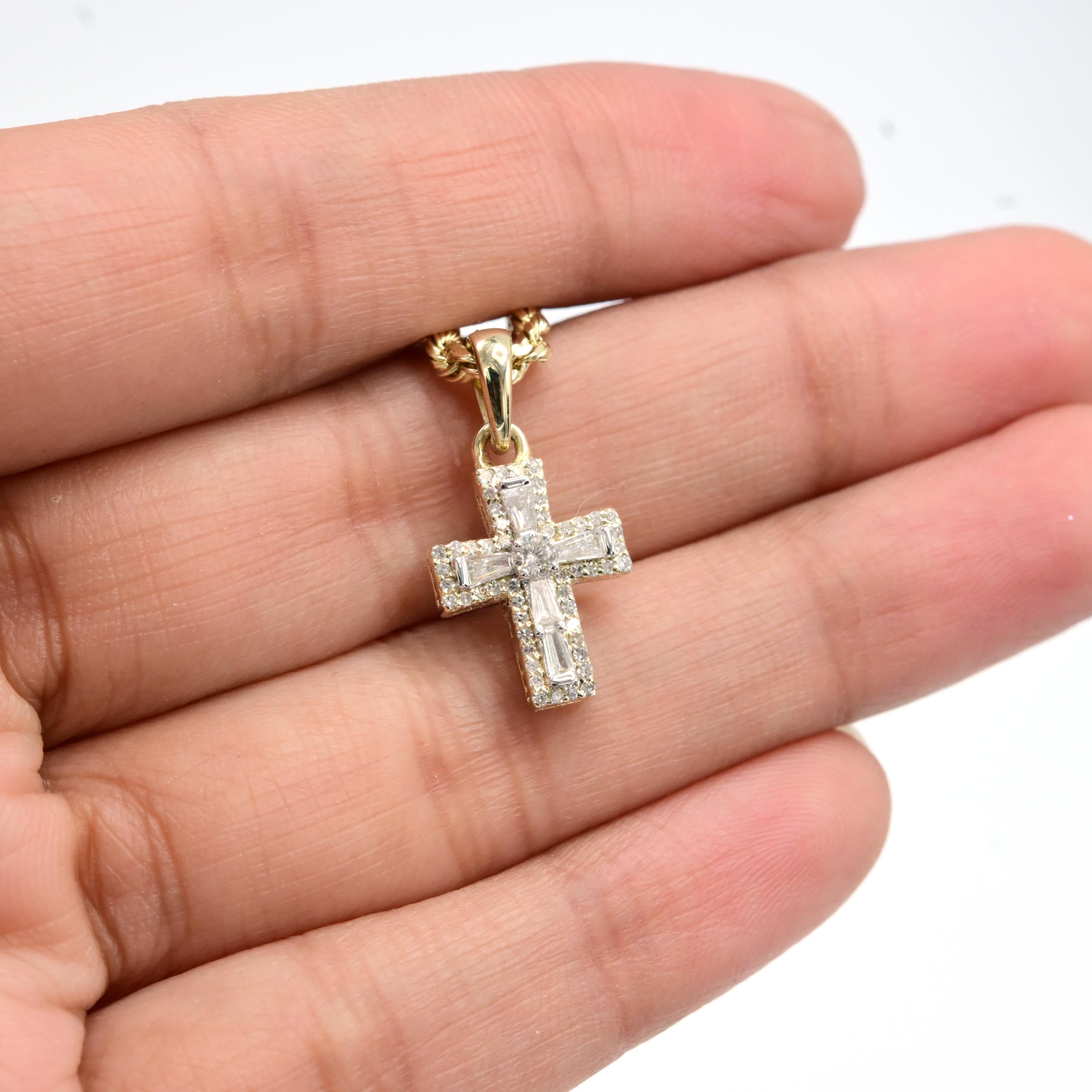 10k Yellow Gold 0.32CT Diamond Baguette Cross Pendant 1.5g Mens Religious Charm