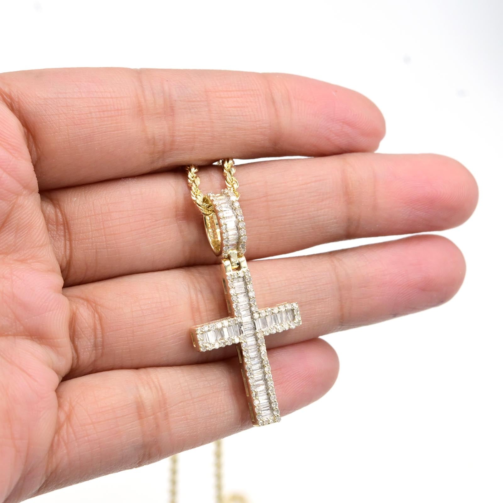 10k Yellow Gold 0.85 CTW Baguette/Round Diamond Cross Pendant 3.6g Mens Charm