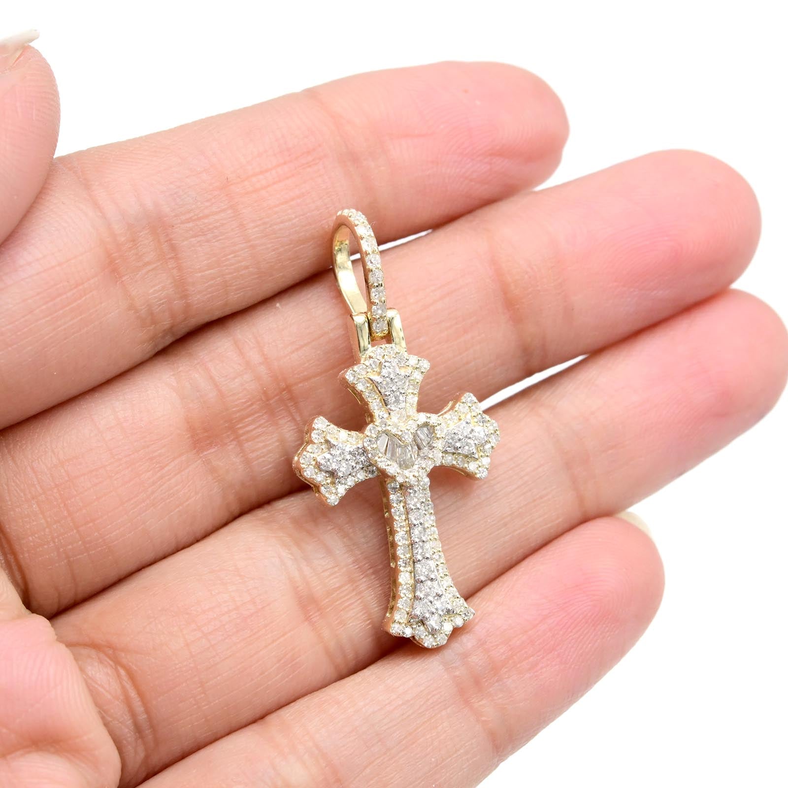 10k Yellow Gold 0.75CT Baguette/Round Diamond Cross Heart Pendant 3.4g Men Charm