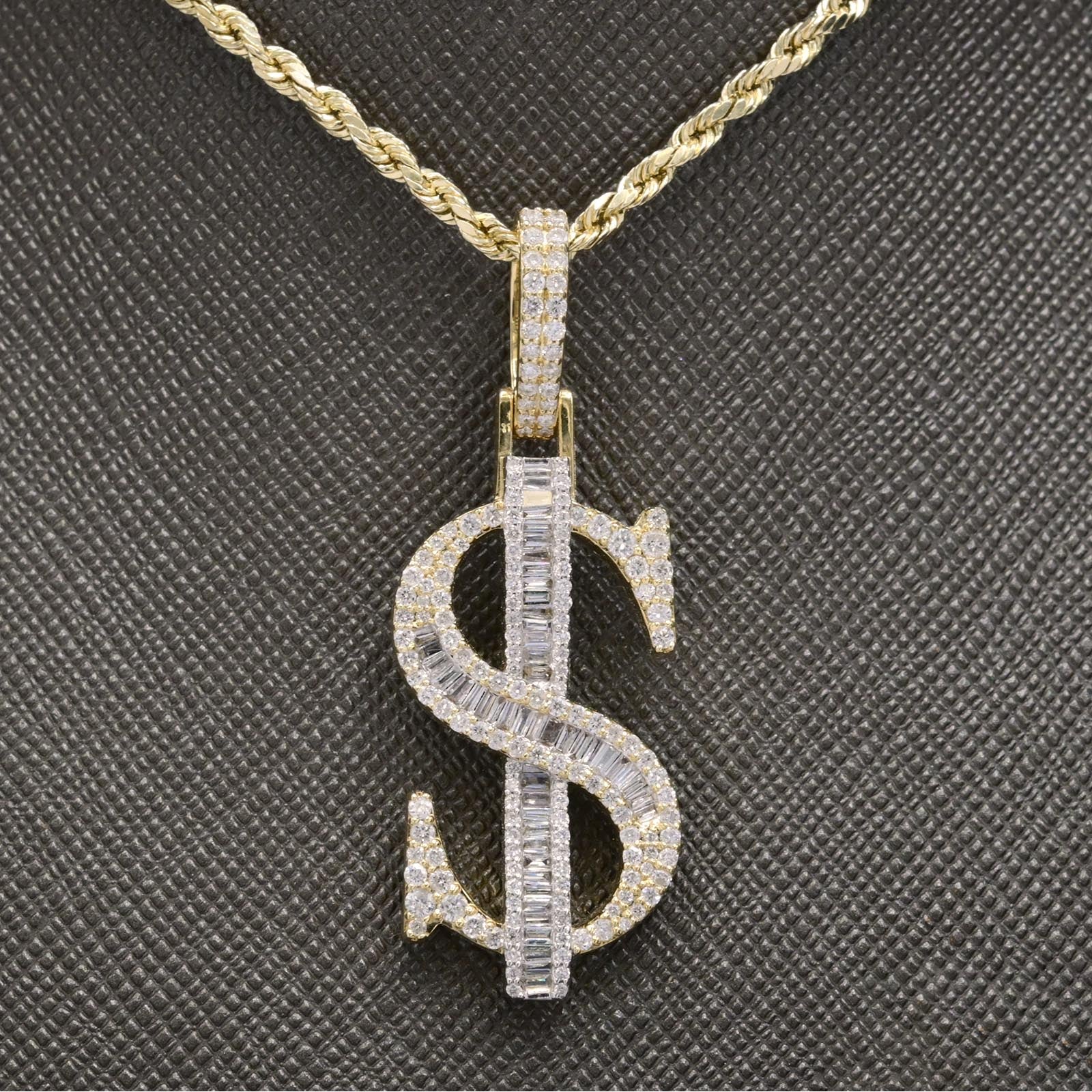 10k Yellow Gold 1.05CT Round/Baguette Diamond Dollar Sign Pendant 5.6g Men Charm