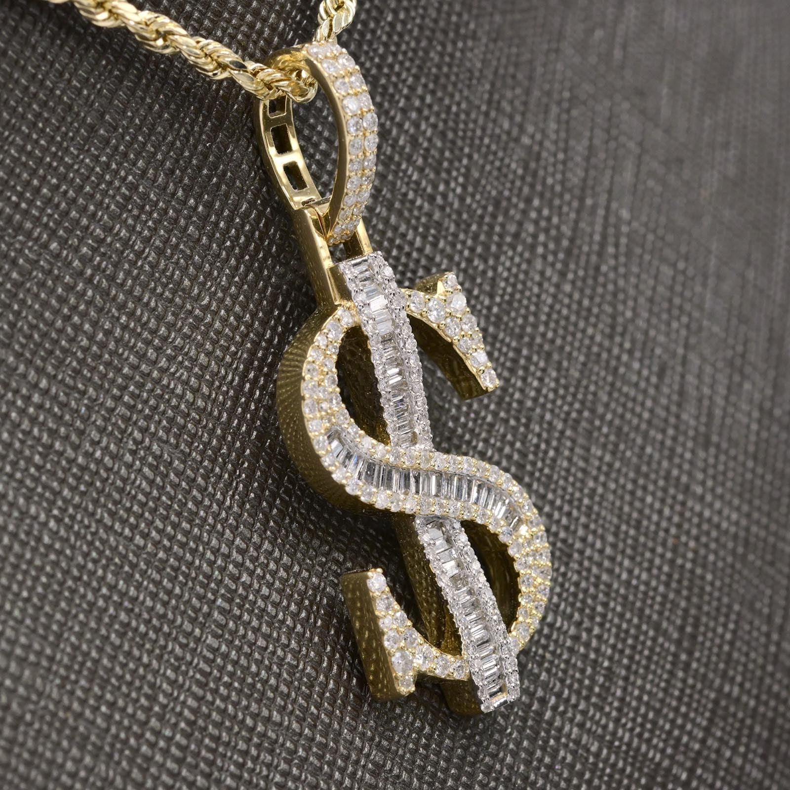 10k Yellow Gold 1.05CT Round/Baguette Diamond Dollar Sign Pendant 5.6g Men Charm