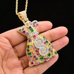 10k Yellow Gold 3.1CTW Round/Baguette Diamond Gems Stone Money Bag Charm 24.6gms