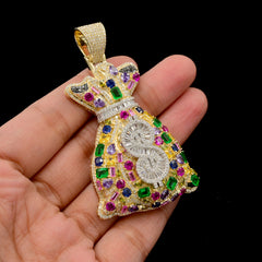 10k Yellow Gold 3.1CTW Round/Baguette Diamond Gems Stone Money Bag Charm 24.6gms