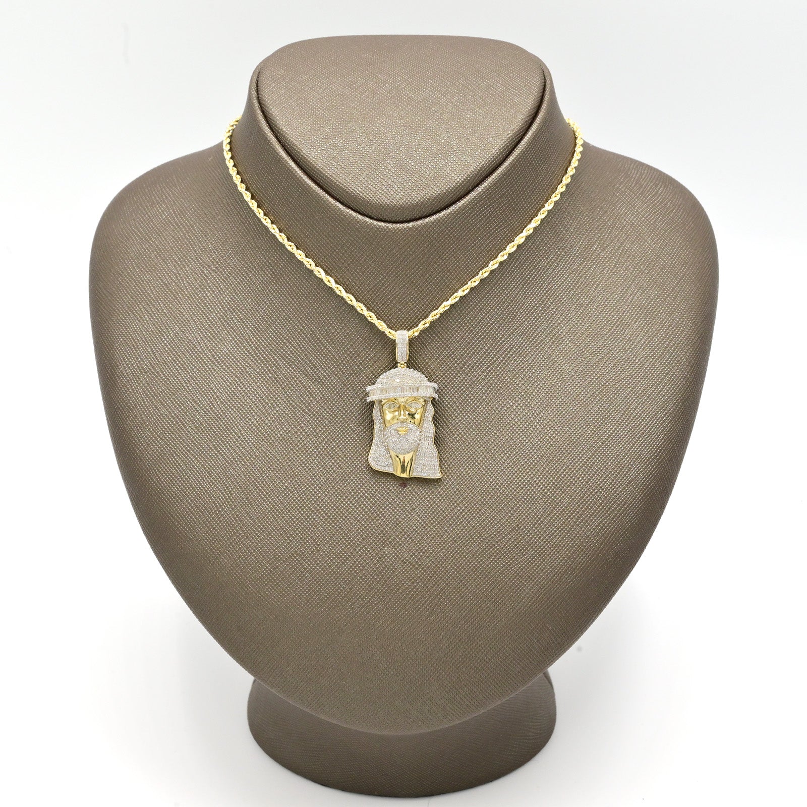 10k Yellow Gold 1.91CT Round/Baguette Diamond Jesus Head Charm 7.6g Mens Pendant