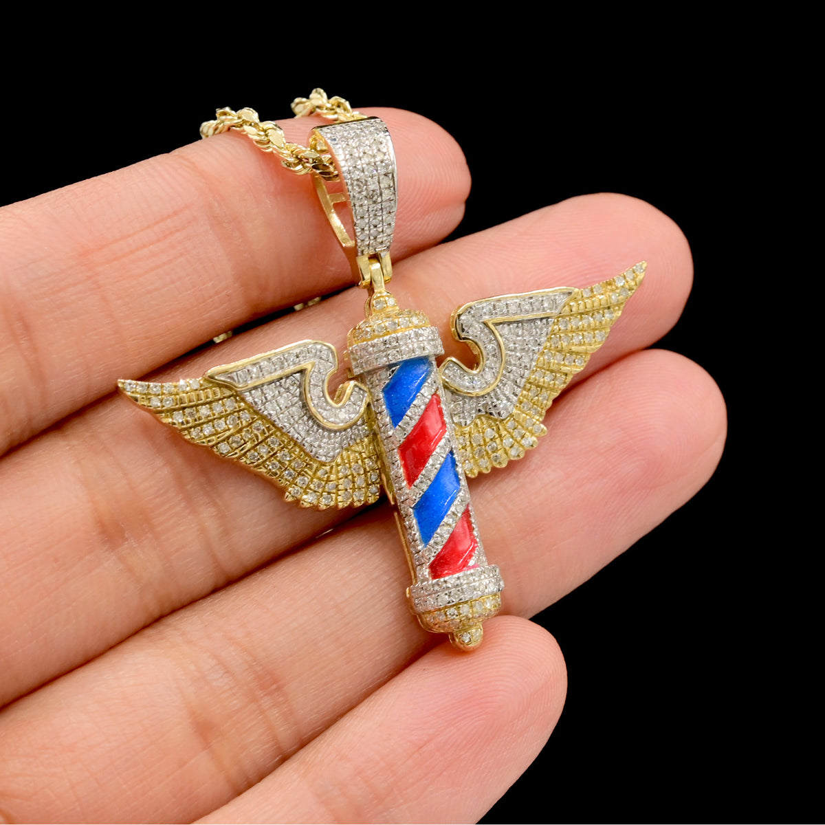 10k Yellow Gold 0.7CTW Natural Round Diamond Barber w/ Wings Pendant 5.8g Charm