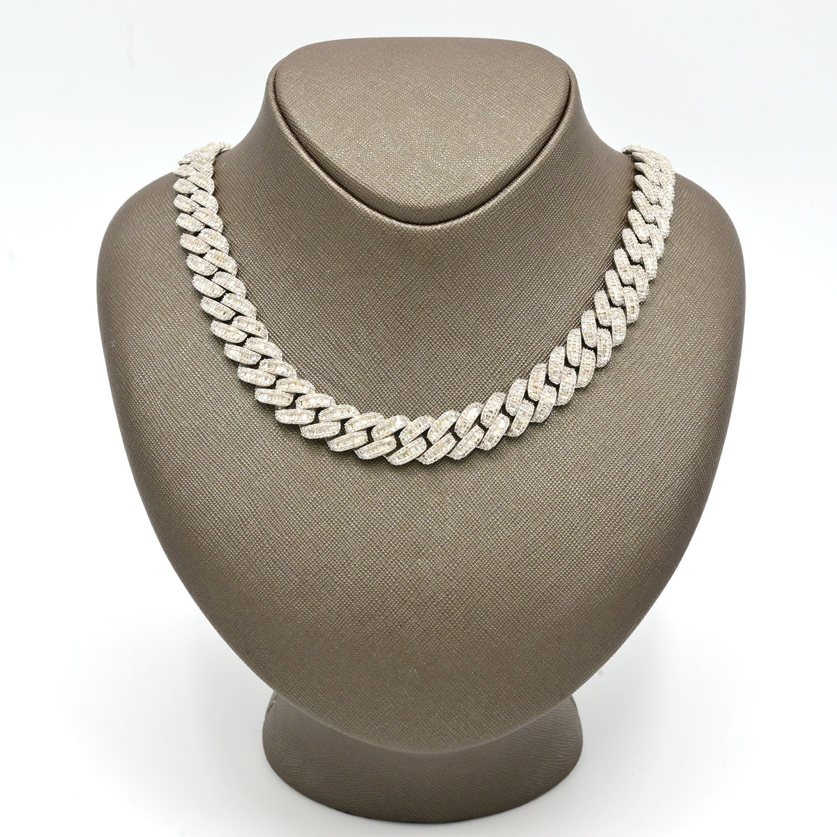 13MM 10k White Gold 21 Inch 24CTW Round/Baguette Diamond Cuban Chain 74.4gms