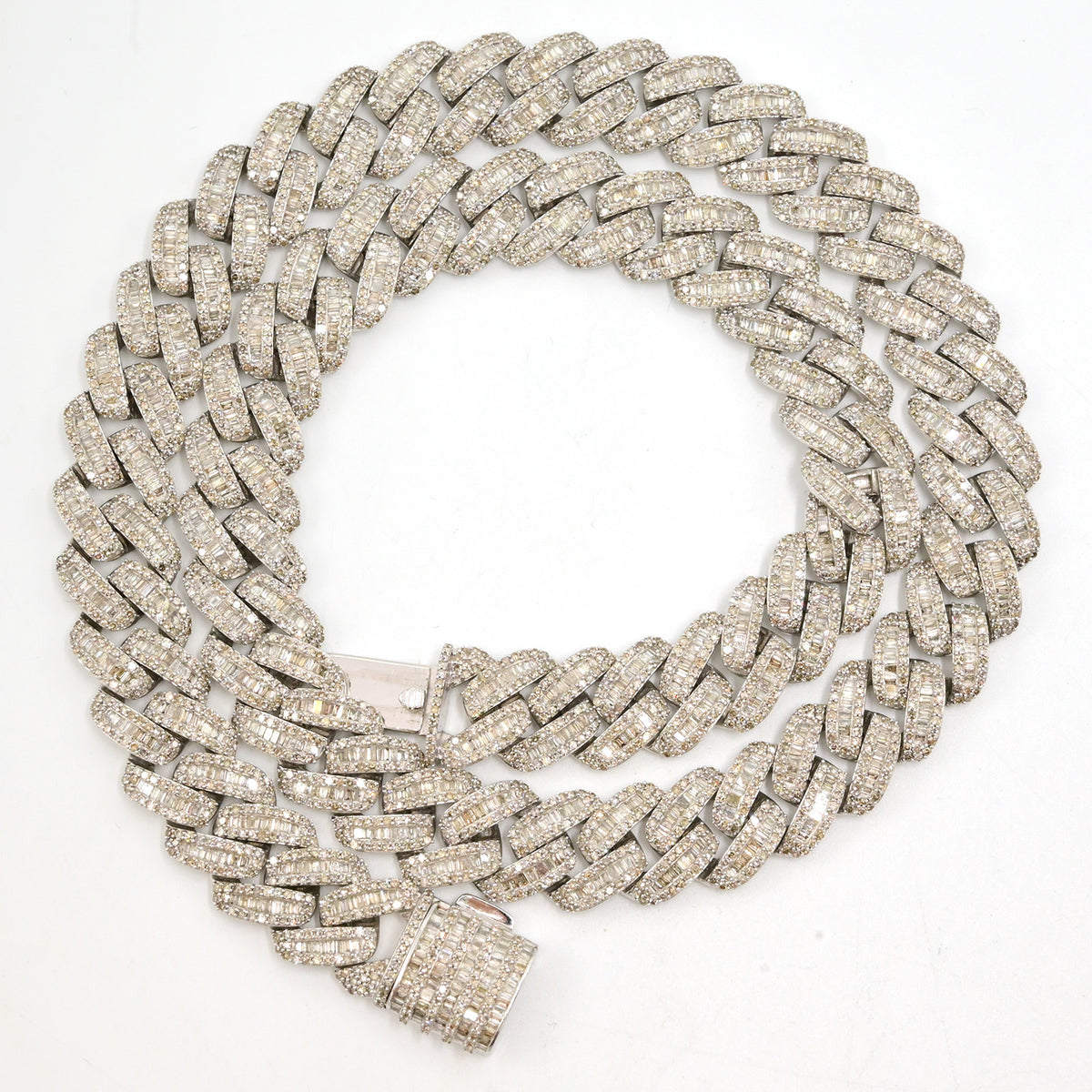 13MM 10k White Gold 21In 24CTW Natural Round/Baguette Diamond Cuban Chain 80.5gm