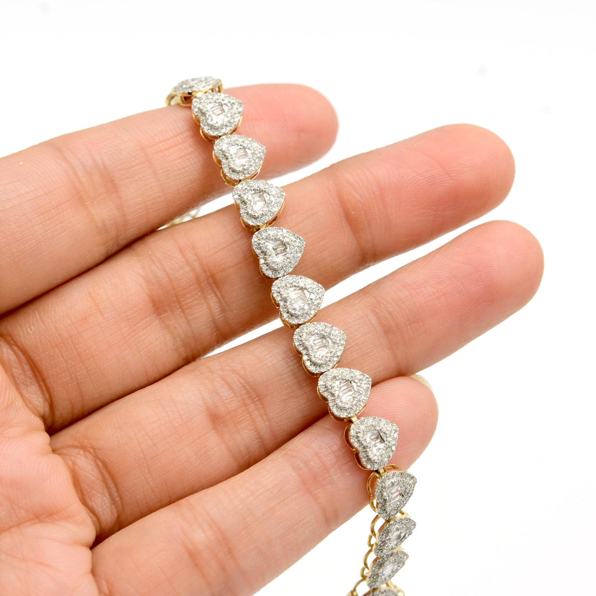 7MM 10k Yellow Gold 7Inch 2.3CTW Natural Baguette Diamond 10.7g Heart Bracelet