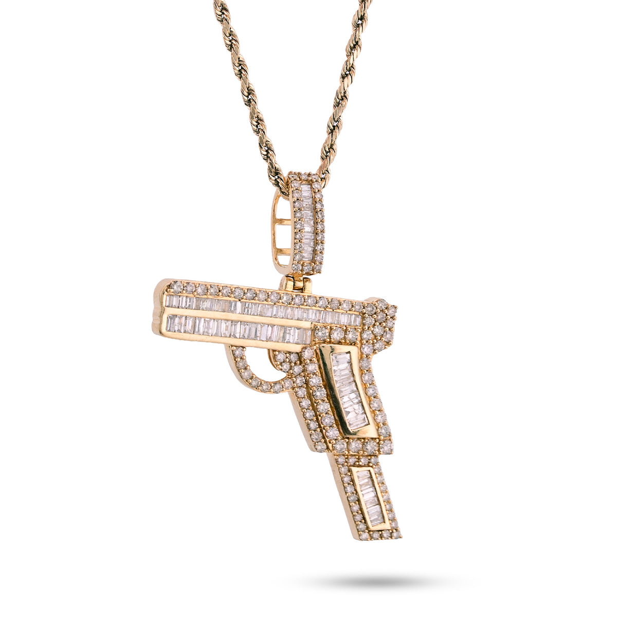 10k Yellow Gold 9.9gm 4CTW Natural Round/Baguette Diamond Gun Pendant Mens Charm