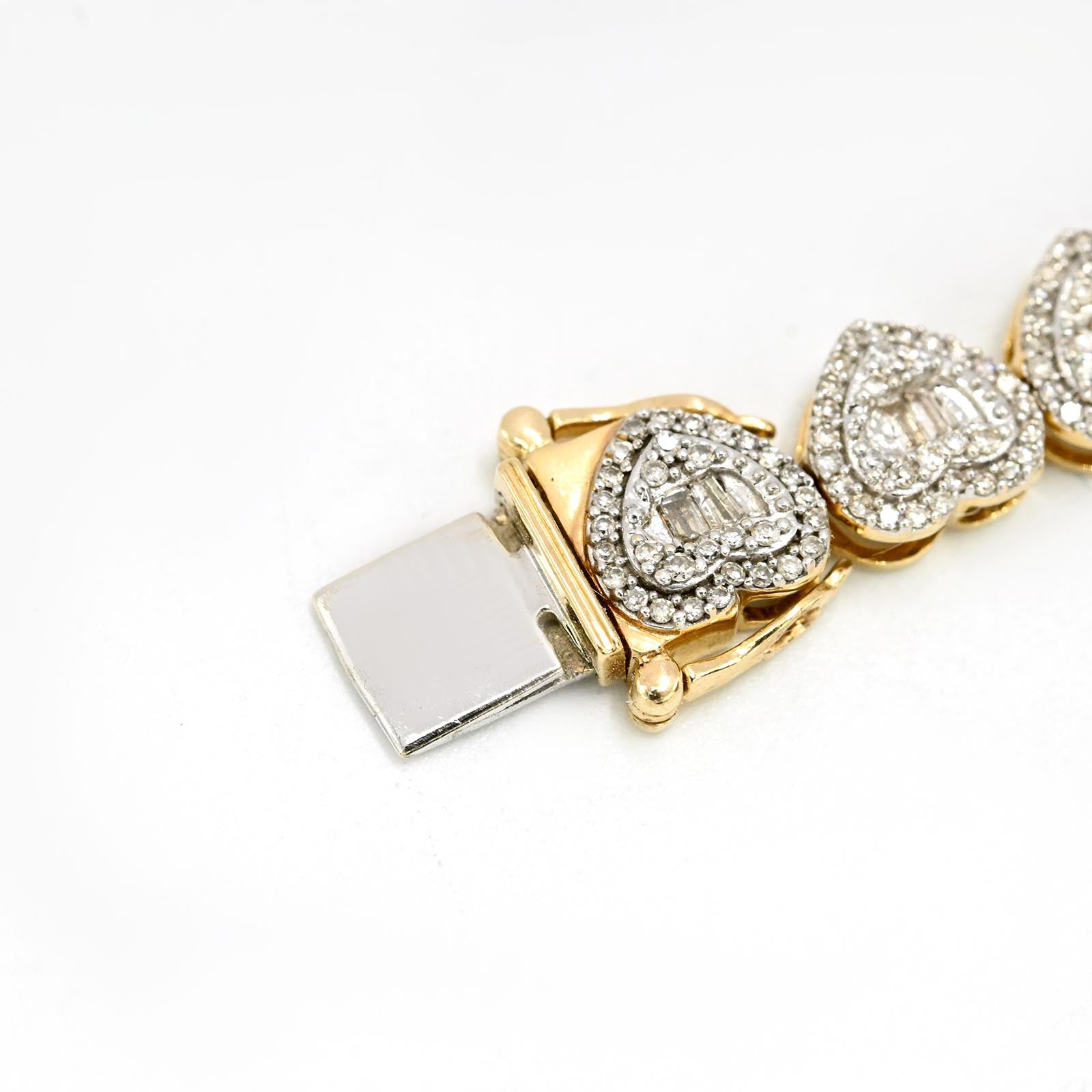 Womens 1.9CT Baguette/Round Diamond Heart Bracelet 10k Yellow Gold 10.3g - 7Inch