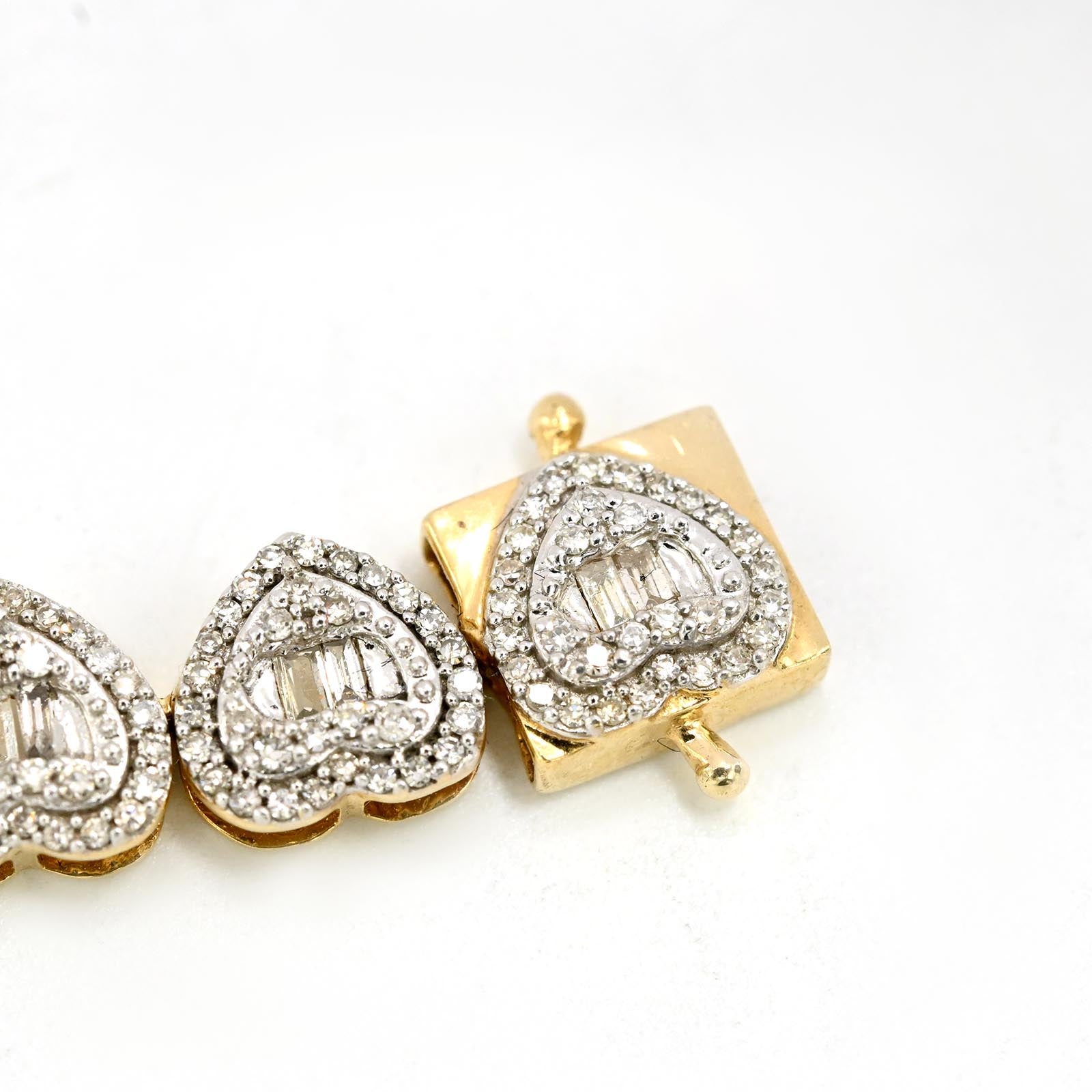 Womens 1.9CT Baguette/Round Diamond Heart Bracelet 10k Yellow Gold 10.3g - 7Inch