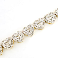 Womens 1.9CT Baguette/Round Diamond Heart Bracelet 10k Yellow Gold 10.3g - 7Inch