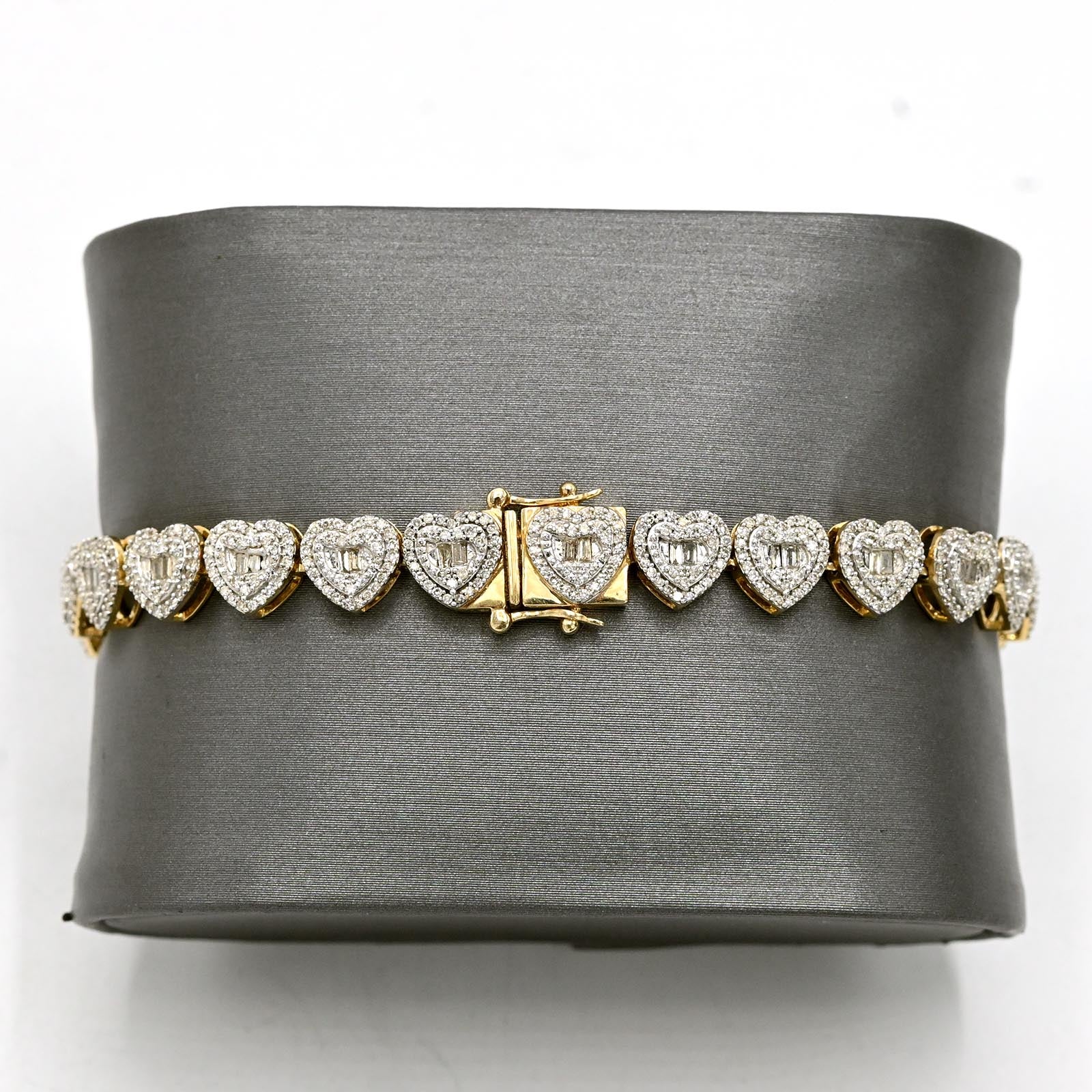 Womens 1.9CT Baguette/Round Diamond Heart Bracelet 10k Yellow Gold 10.3g - 7Inch
