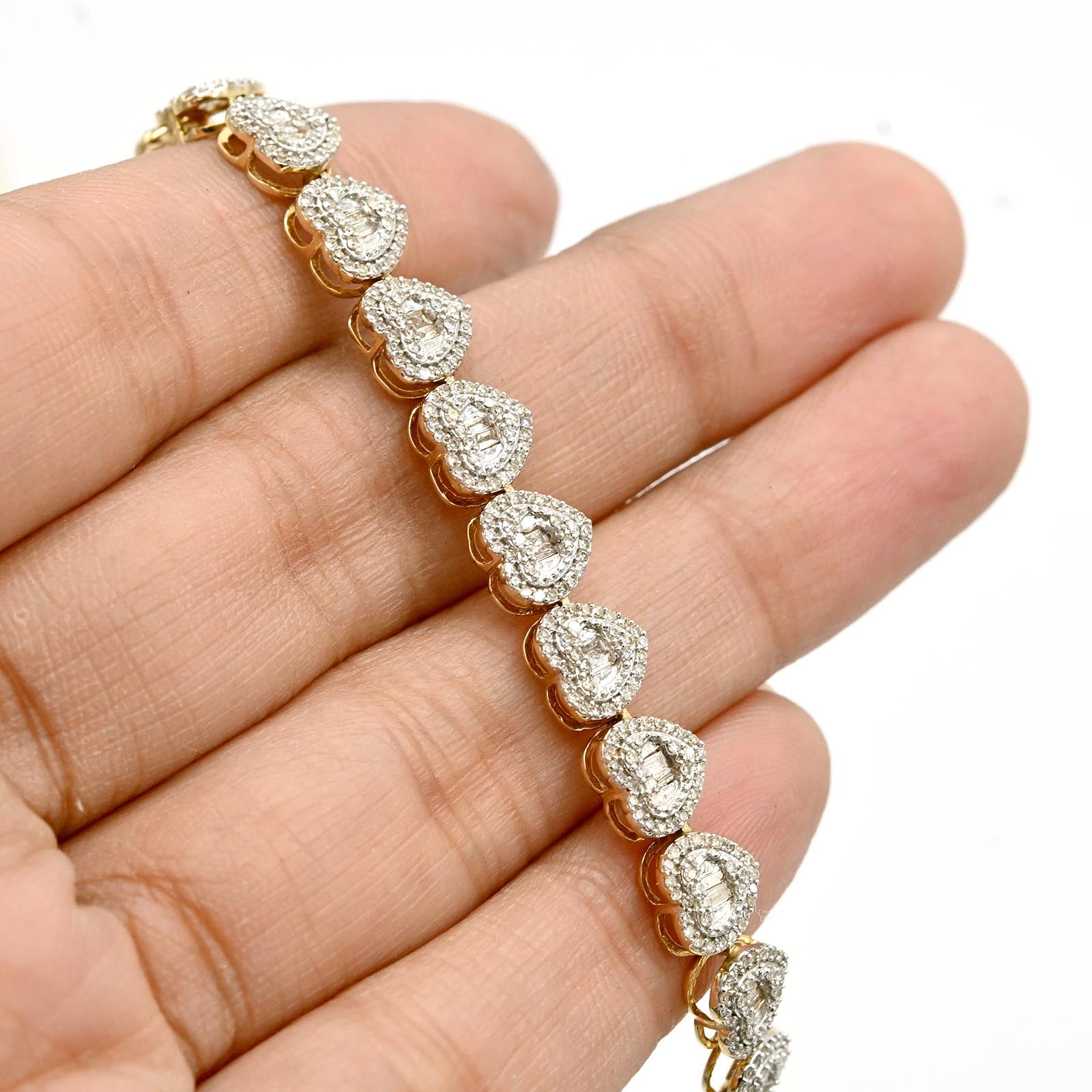 Womens 1.9CT Baguette/Round Diamond Heart Bracelet 10k Yellow Gold 10.3g - 7Inch