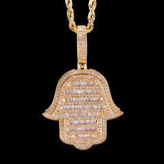 10k Yellow Gold 1.65CTW Round/Baguette Diamond Hamsa Hand Pendant Charm 6.4gms