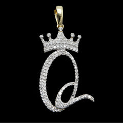 10k Yellow Gold Initial Q Crown Pendant 0.15CT Pure Diamond 1.38g Alphabet Charm