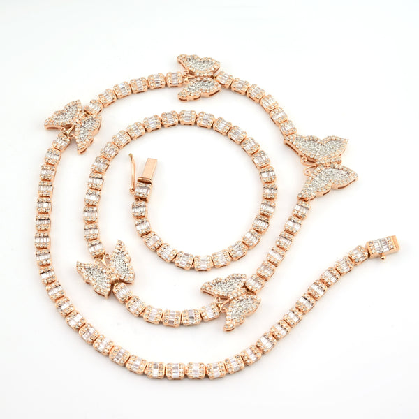 10k Rose Gold 5.48CT Baguette Diamond Butterfly Tennis Chain 25.4g 18In Necklace