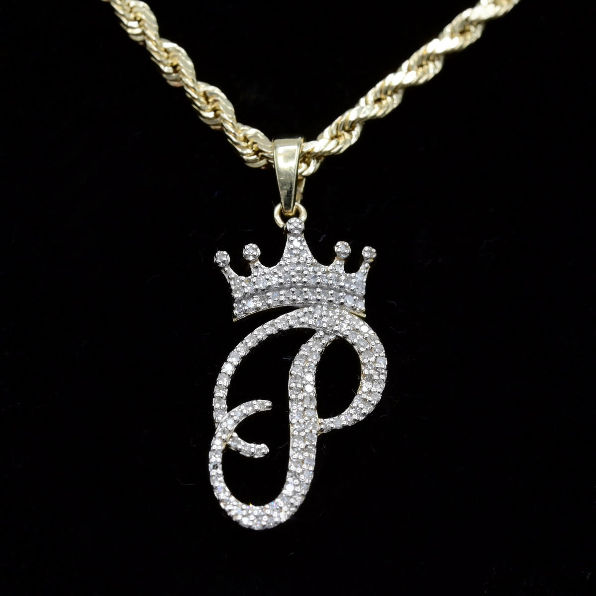 10k Yellow Gold Initial P Crown Pendant 0.16CT Pure Diamond 1.52g Alphabet Charm