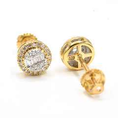 Pure 10k Yellow Gold Round Earring 0.25 CTW Natural Baguette Diamonds 1.6g Stud