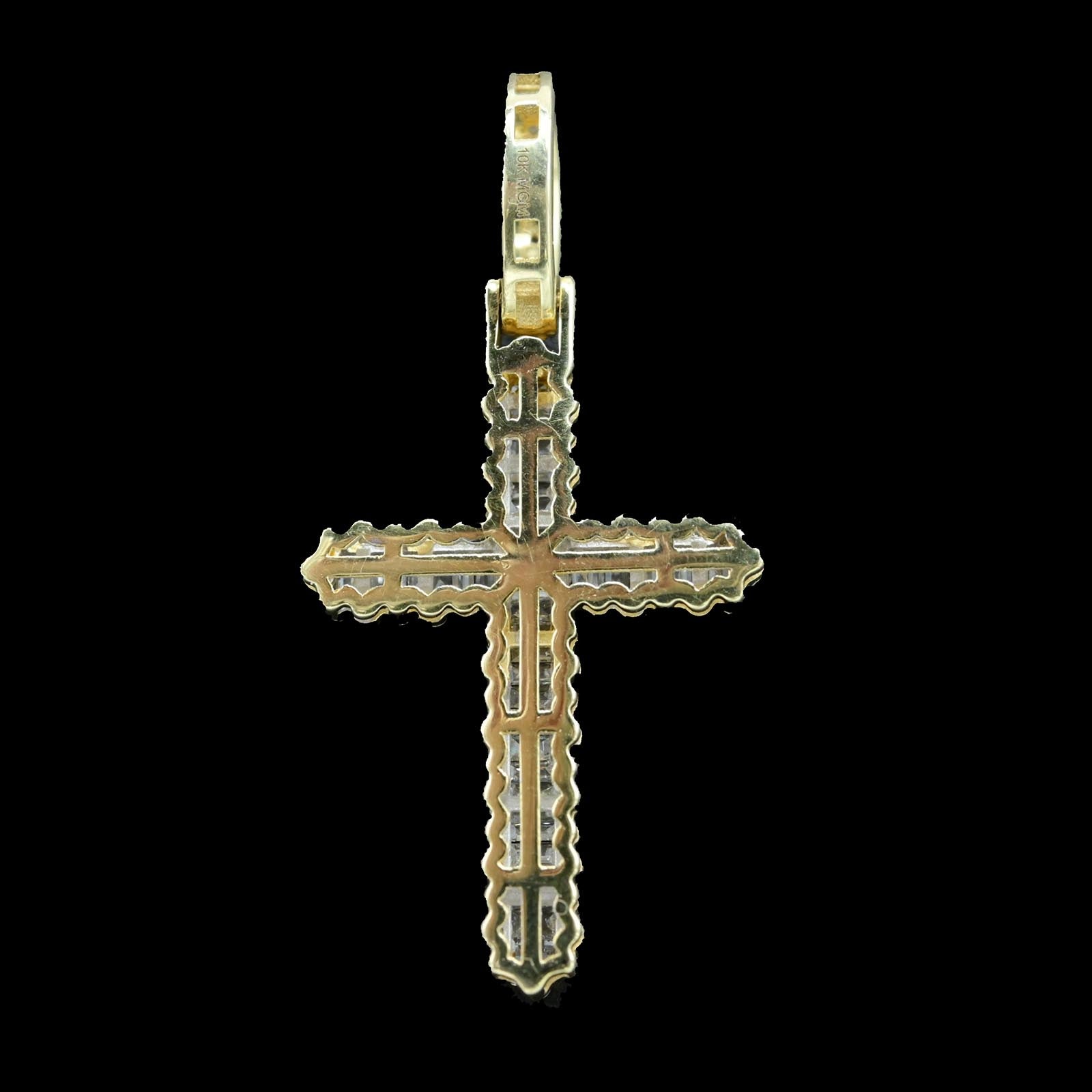 10k Yellow Gold 0.85CT Round/Baguette Diamond Cross Pendant 2.7g Mens Pure Charm