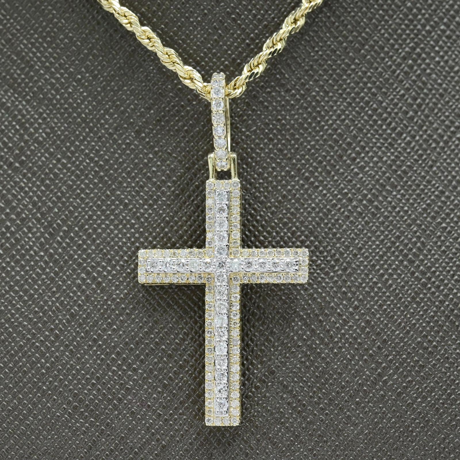 10k Yellow Gold 0.9CTW 2 Layer Round Cut Diamond Cross Pendant 3.6g Mens Charm
