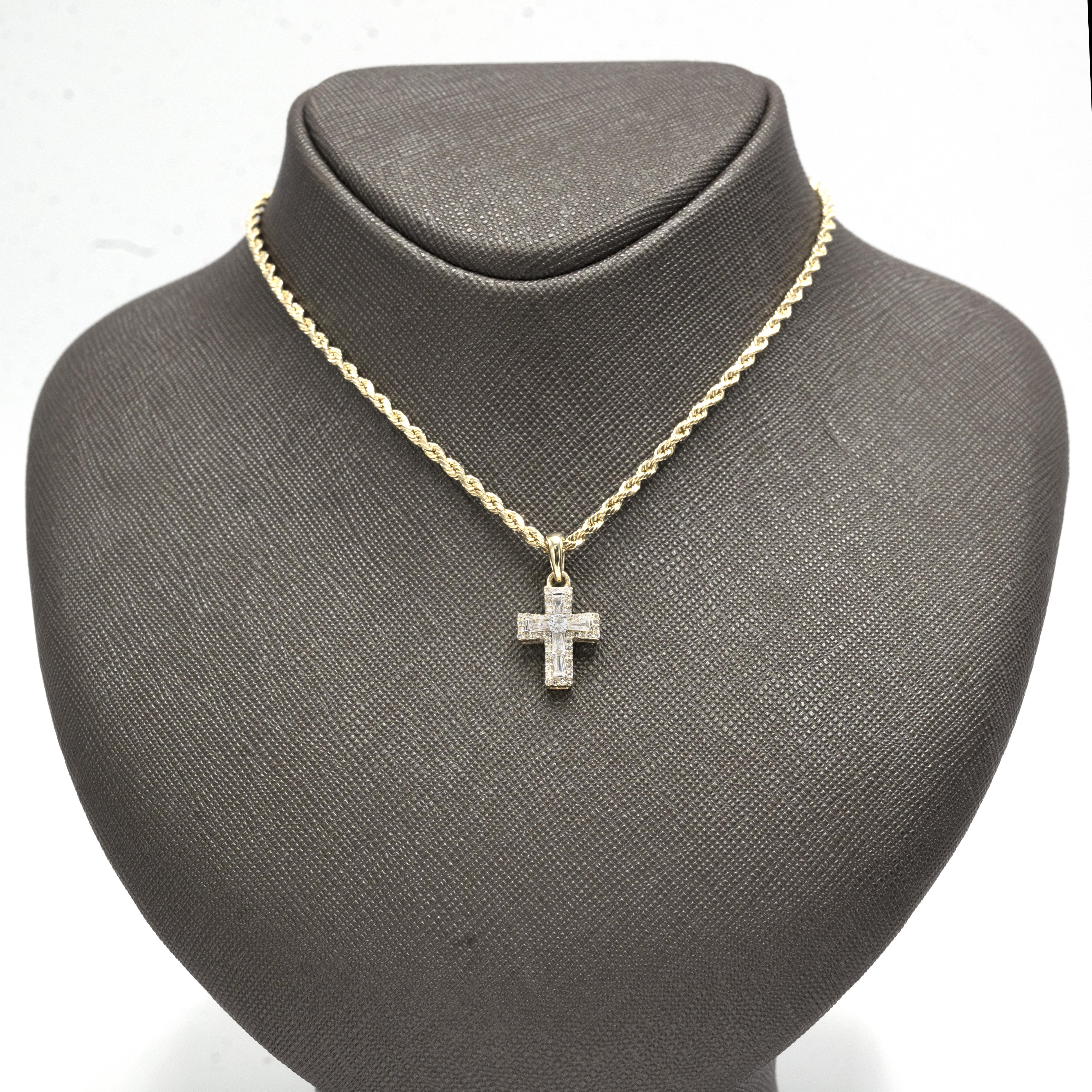 10k Yellow Gold 0.32CT Diamond Baguette Cross Pendant 1.5g Mens Religious Charm