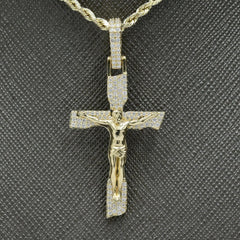 10k TwoTone Gold 0.75CT Round/Baguette Diamond Cross w/ Jesus Pendant 4.8g Charm