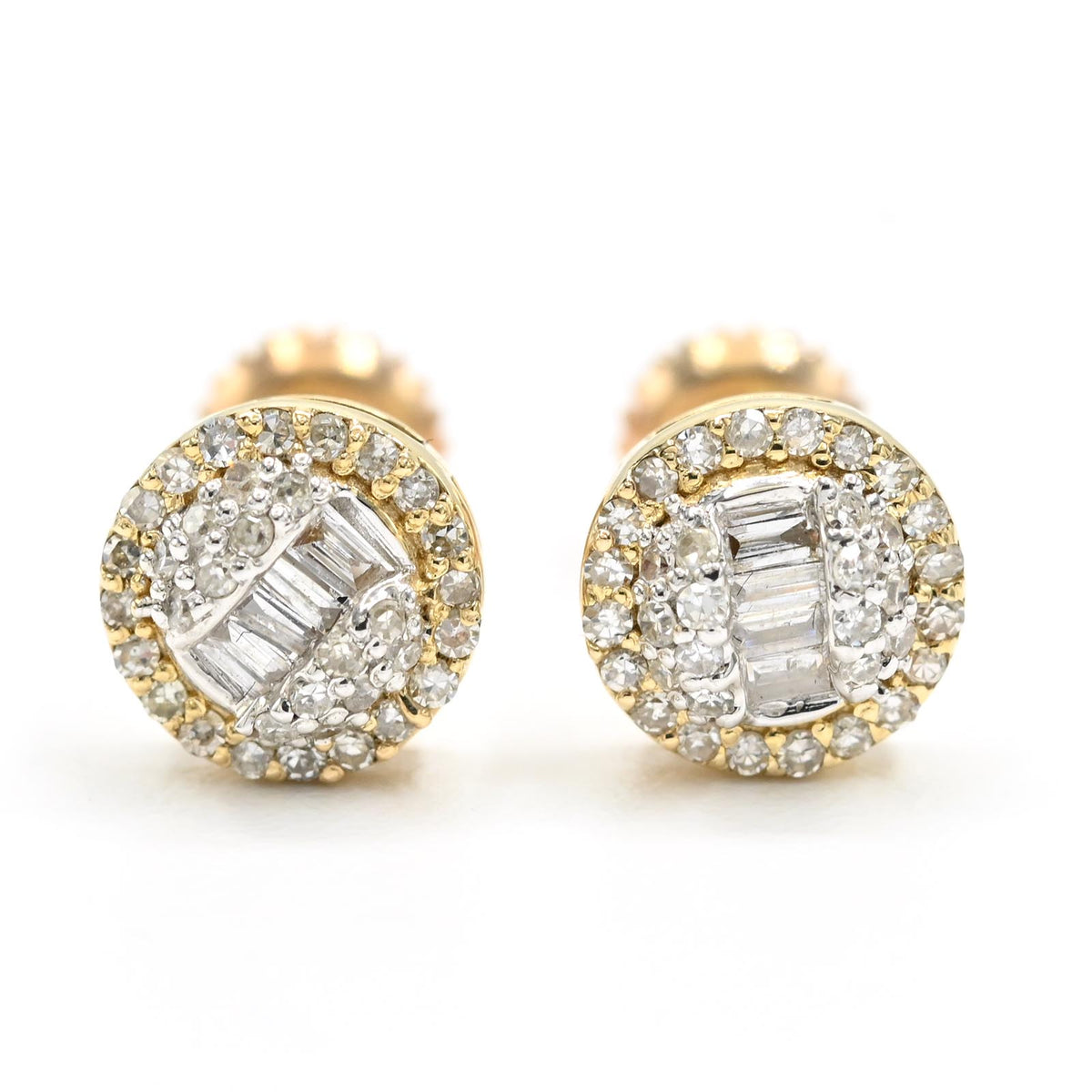 Womens 10k Yellow Gold Round Earring 0.27CTW Natural Baguette Diamonds 1.4g Stud