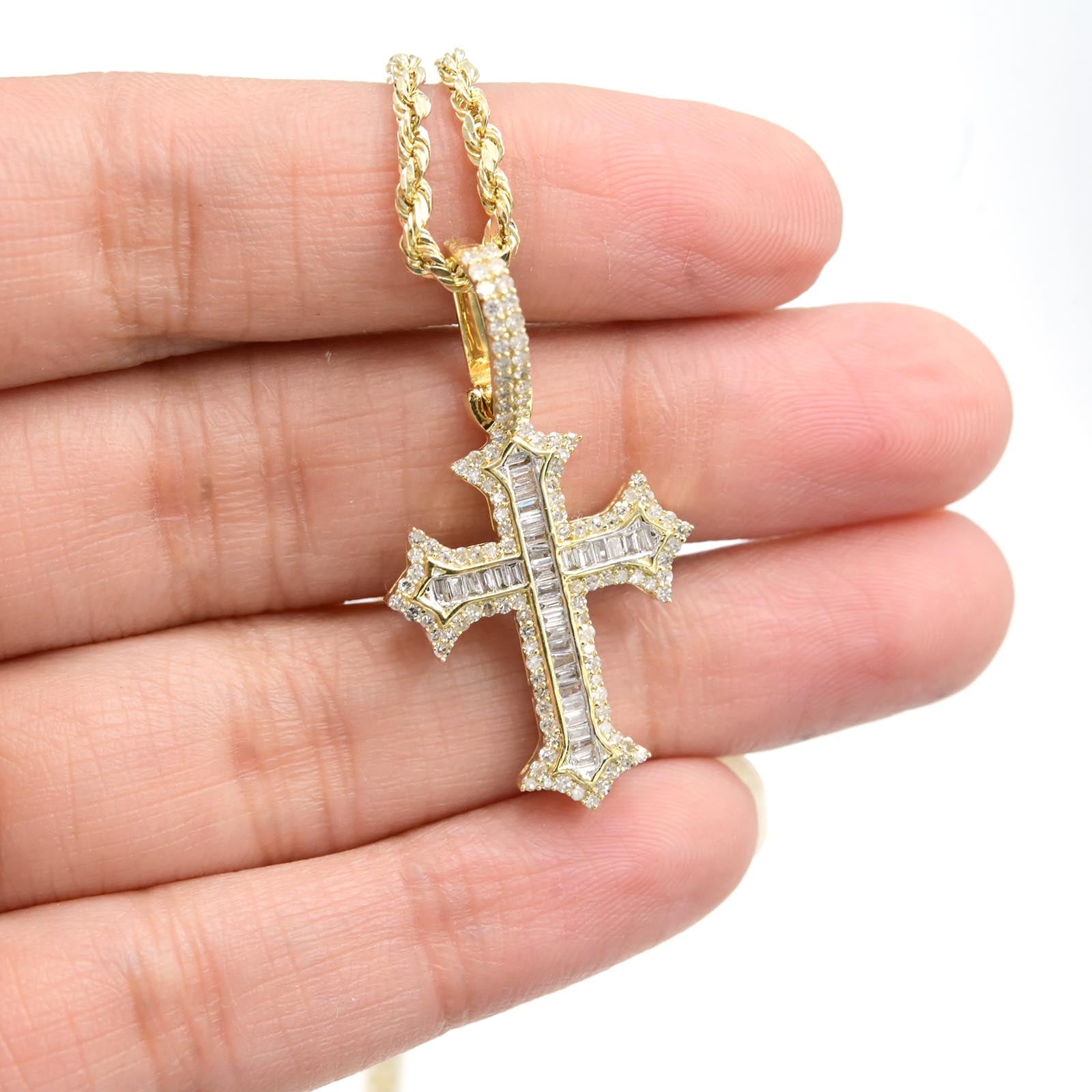 Pure 10k Yellow Gold 0.7CTW Round/Baguette Cross Diamond Pendant 3.1g Mens Charm