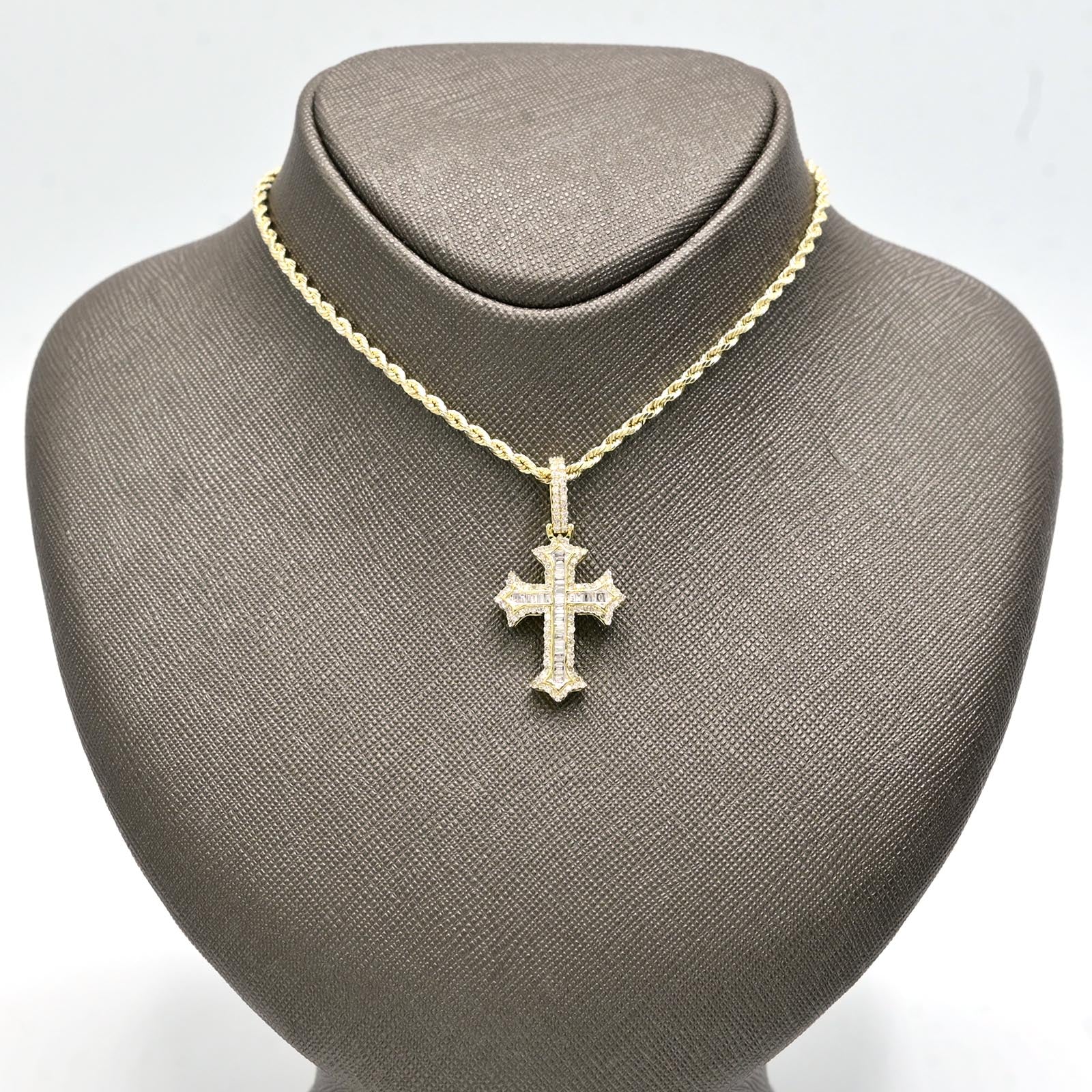 Pure 10k Yellow Gold 0.7CTW Round/Baguette Cross Diamond Pendant 3.1g Mens Charm