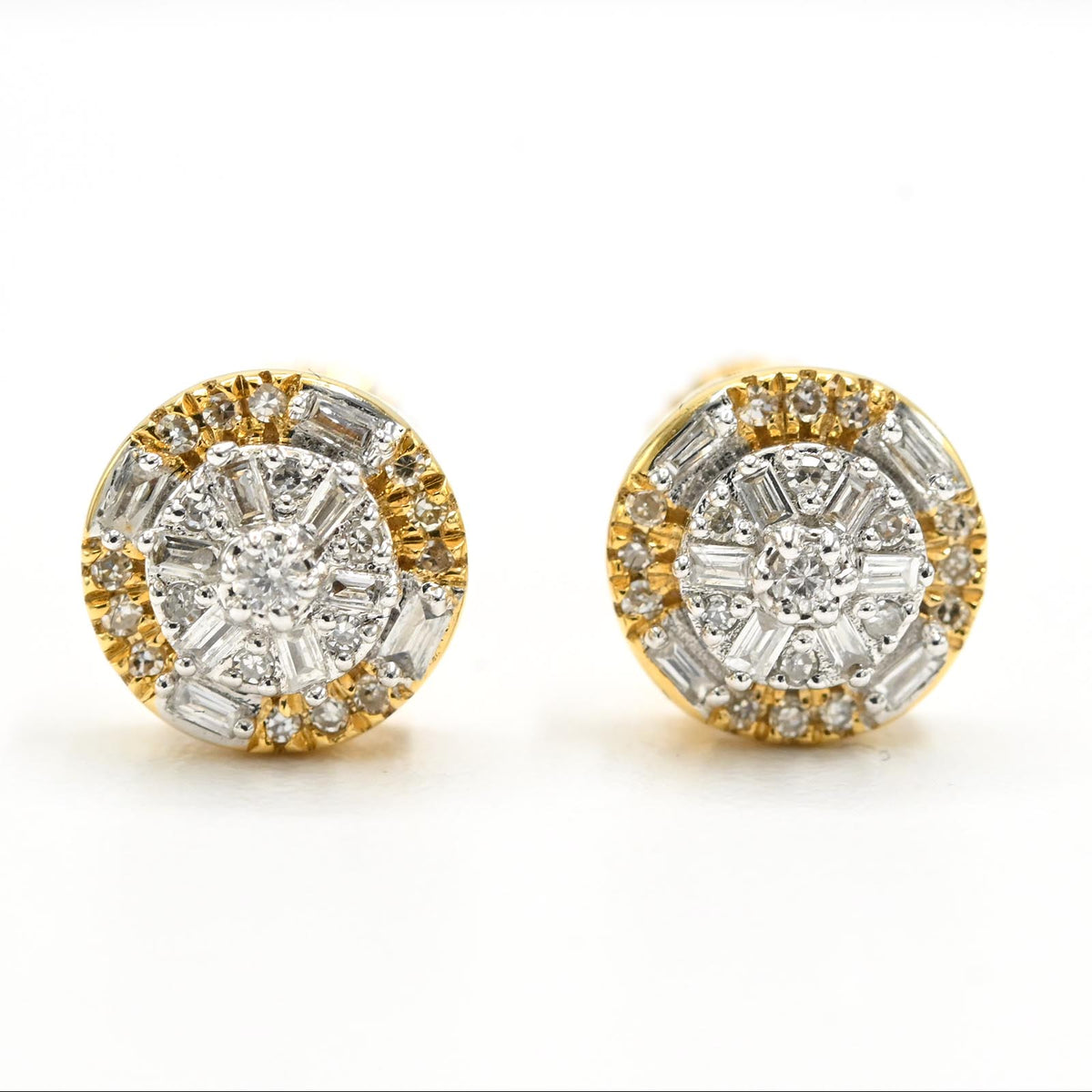 NEW 10k Yellow Gold Round Earring 0.20 CTW Natural Baguette Diamonds 1.6g Stud