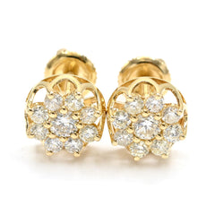 Womens Pure 10k Yellow Gold Flower Earring 1.00 CTW Natural Diamonds 1.8g Stud