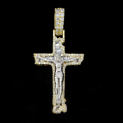 10k TwoTone Gold 0.75CT Round/Baguette Diamond Cross w/ Jesus Pendant 4.8g Charm