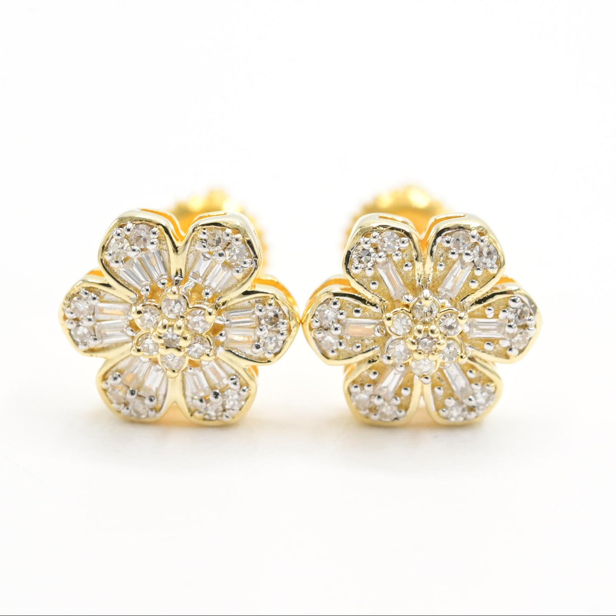 Womens 10k Yellow Gold Flower Earring 0.19CTW Natural Baguette Diamond 1.6g Stud