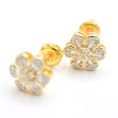 Womens 10k Yellow Gold Flower Earring 0.19CTW Natural Baguette Diamond 1.6g Stud