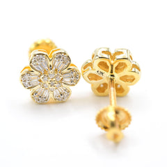 Womens 10k Yellow Gold Flower Earring 0.19CTW Natural Baguette Diamond 1.6g Stud