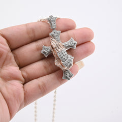 925 Silver 0.6 CTW Natural Diamond Cross with Praying Hands Pendant 16g Charm