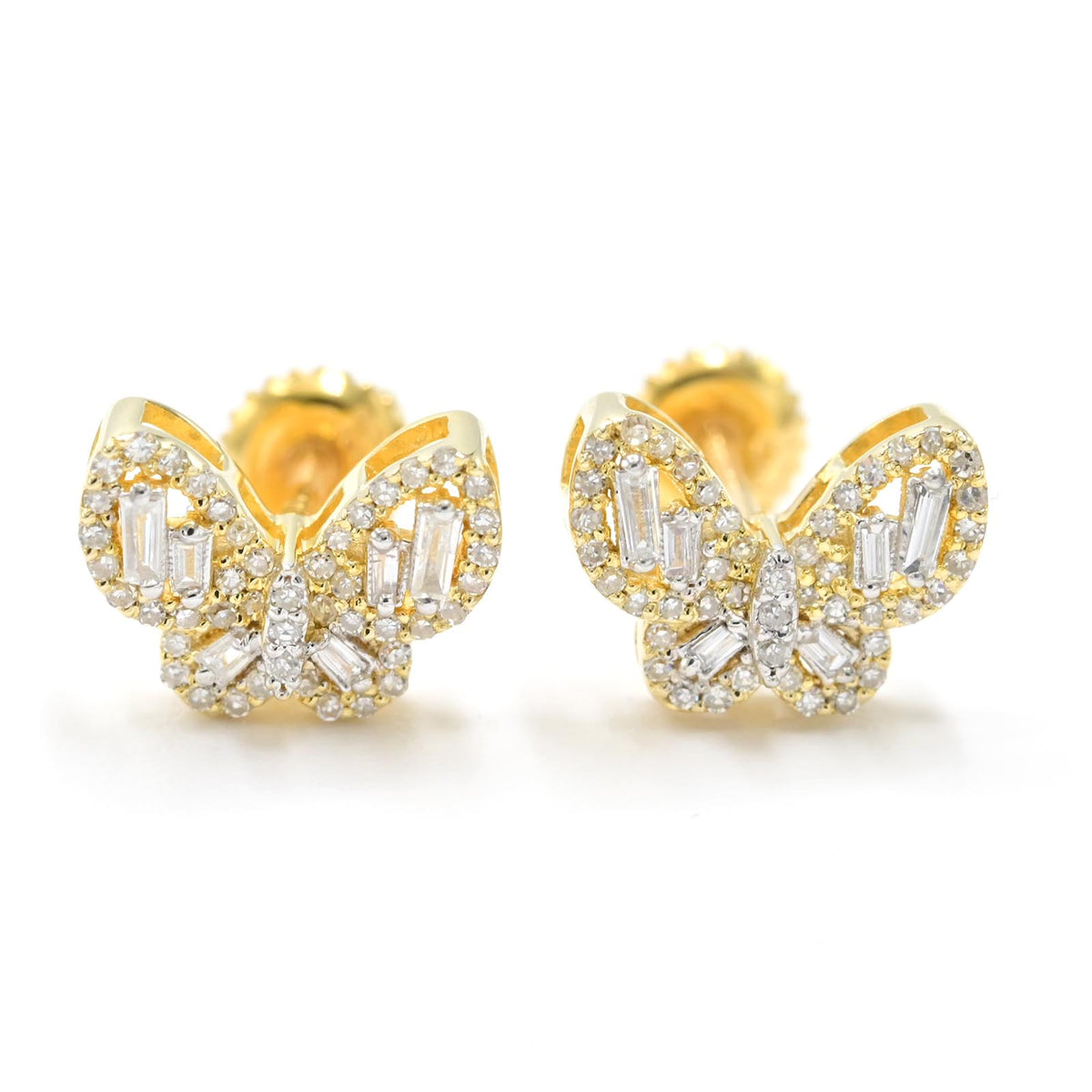 10k Yellow Gold Butterfly Earring 0.30 CTW Natural Baguette Diamonds 1.6g Stud