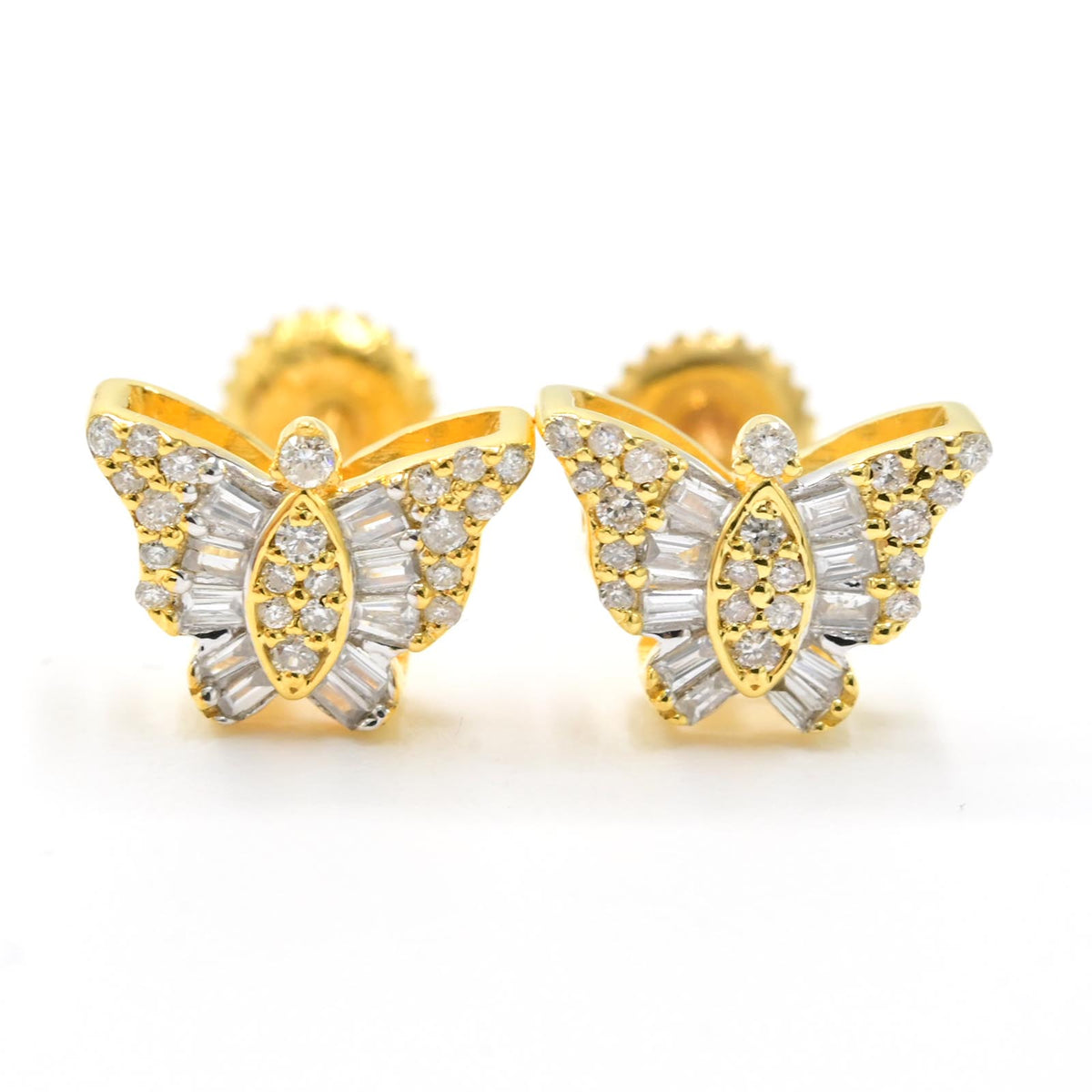 10k Yellow Gold Butterfly Earring 0.20 CTW Natural Baguette Diamonds 1.4g Stud