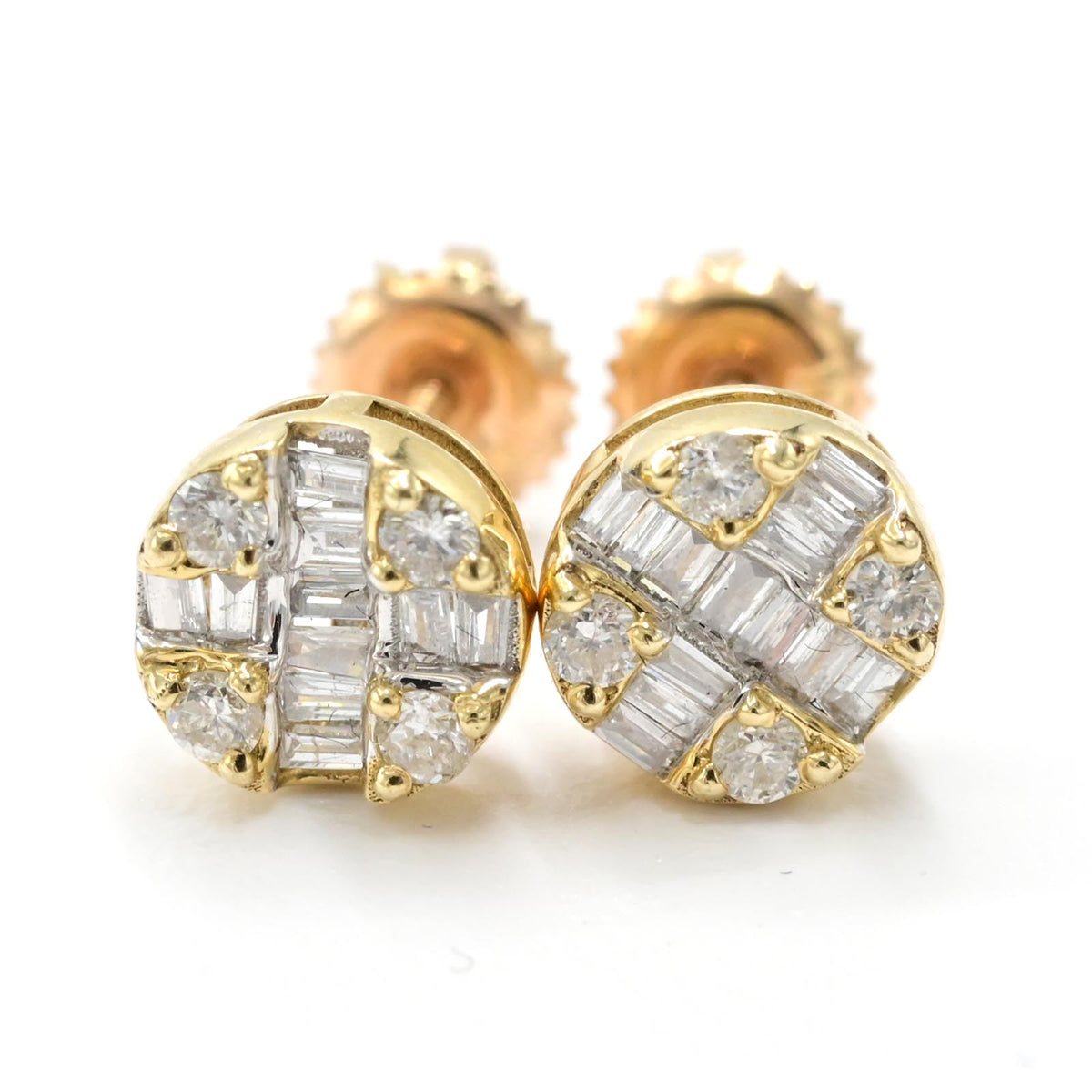 Womens 10k Yellow Gold Round Earring 0.30 CTW Natural Baguette Diamond 1.4g Stud